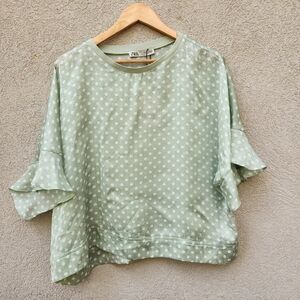 NEW Zara Top Women’s Small Green Polka Dot 3/4 Sleeve Summer